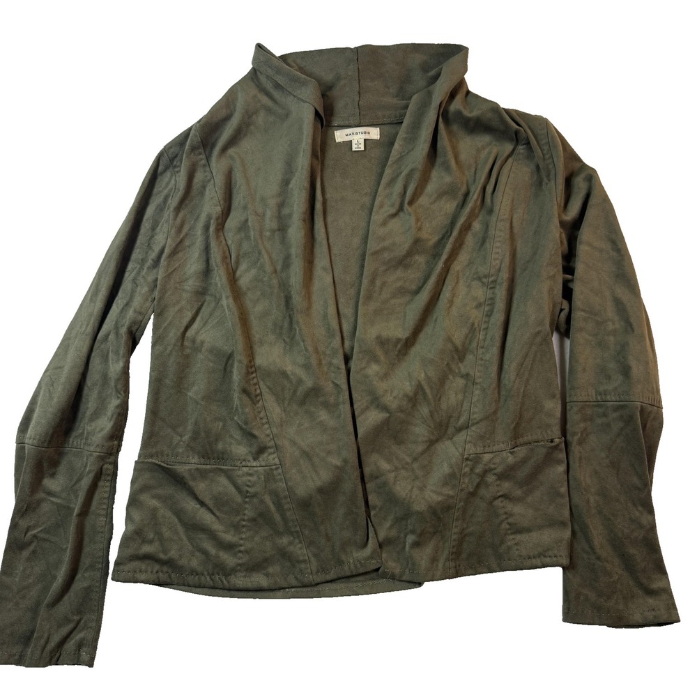 Max Studio Blouse Womens LG Utility Green Open Front Sueded Dark Academia